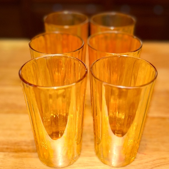 1930’s Jeannette Peach Marigold Iridescent Luster 6 Piece Glass Set
